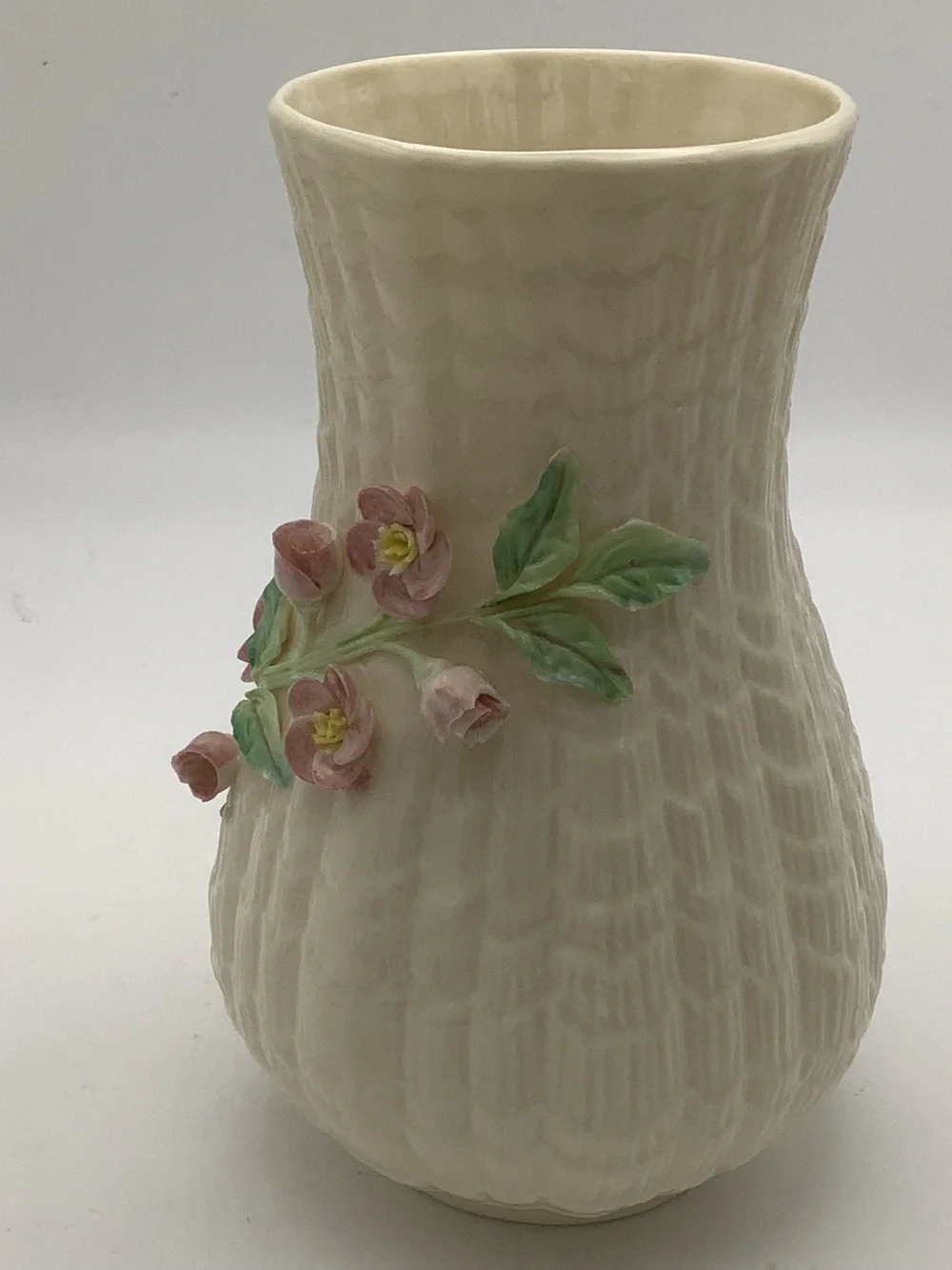 Vintage Belleek Irish Fluted Vase with 3D Floral Design